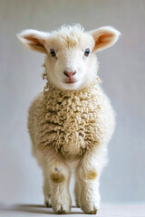 Baby lamb stands alone facing forward with blue eyes and curled upper lip.