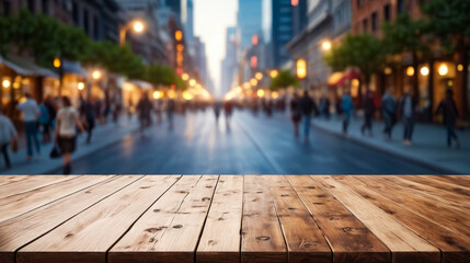 Long narrow wooden plank in front of busy city street filled with people and surrounded by buildings. - obrazy, fototapety, plakaty