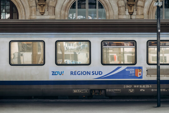 Nice, France - 6 January, 2024: Regional train TER Region South on the station platform in Nice