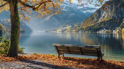 Beautiful autumn landscape with bench in park and lake in Mountains