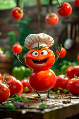Cartoon tomato wearing chef's hat and holding spoon is standing in front of several other tomatoes.
