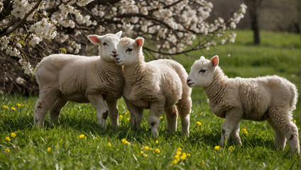 Naklejka na ściany i meble Charming Sheep and Lamb on the Farm: Captivating Images of Spring Agriculture