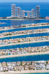 Dubai The Palm Jumeirah with Atlantis The Royal Hotel artificial island from above portrait format - 763278163