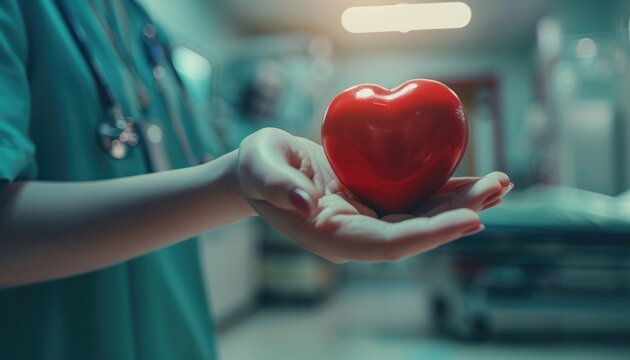 Doctor's hand holding a red heart shape in a hospital. love, donor, world heart day by AI generated image
