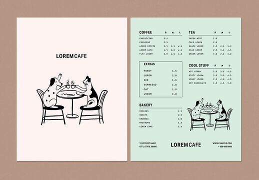 Coffee Menu Template with Cat and Dog Illustration