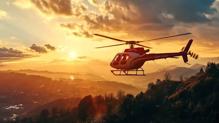 Foto op Plexiglas A helicopter flies across a breathtaking sunset sky with warm hues reflecting over a scenic landscape below.  © nextzimost