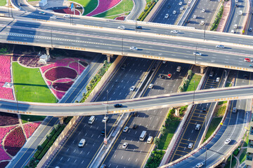 Dubai crossroads of Sheikh Zayed Road highway interchange traffic near Burj Khalifa - 763278369