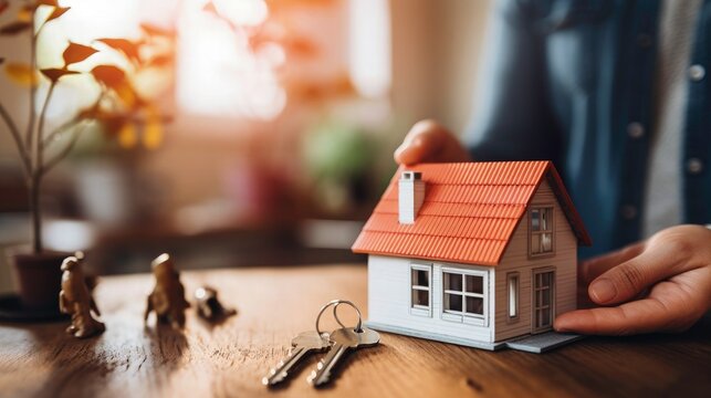 Close up photo of a real estate agent holding keys and a house keychain in hand, with a blurred background showing a home interior. Holding the keys and apartment key. contract, buying home