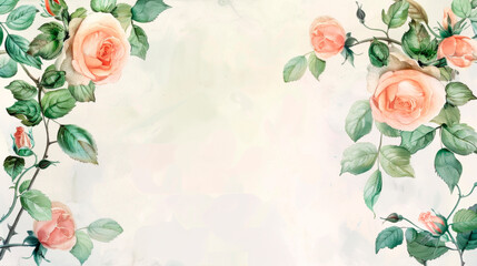 A beautiful festive tropical frame watercolor painting depicting delicate pink roses against a clean white background. The roses are intricately detailed with soft brushstrokes. Banner. Copy space