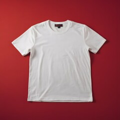 White t-shirt mockup flat lay on a red background