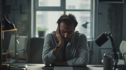 A depressed businessman, manager or boss sitting in a office chair and thinking about crisis and risks with a sad frustrated mood. Burnout, stress and overwork. Business loss or bankruptcy.  - obrazy, fototapety, plakaty