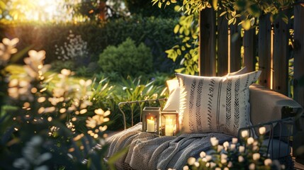 garden view with trendy furniture, lamps, lanterns and candles - Powered by Adobe