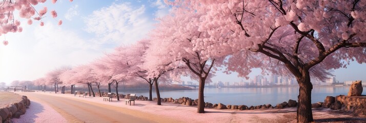 Serene japanese garden with blooming cherry blossom trees and peaceful atmosphere
