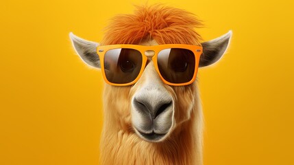 Funny alpaca in sunglasses on orange background. Humorous animal with copy space for text - obrazy, fototapety, plakaty