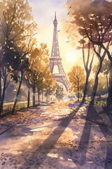Watercolor Painting of the Eiffel Tower at Sunset with Trees and Birds in Paris, France