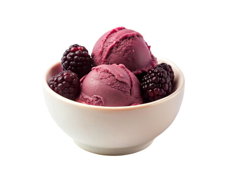 Fruit ice cream with fresh blackberries in bowl. isolated on transparent background.