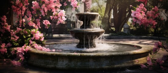A fountain in a garden with pink flowers surrounding it, creating a beautiful and tranquil setting among lush green grass and tall trees - Powered by Adobe