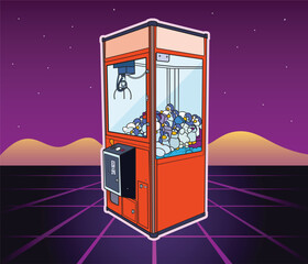 Vector claw machine on a retro, synthwave background