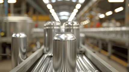 Close-Up View of Silver Beer Cans on Conveyor Belt at Production Plant