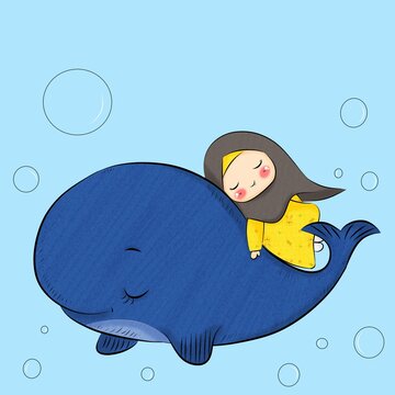 Digital illustration of a cute kittle girl with a headscarf meeting a gentle blue whale