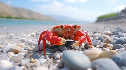 Red crab walking on the sandy shore of a beach with defocused white background and space for text - obrazy, fototapety, plakaty