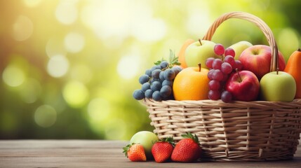 Fresh healthy fruit basket with copy space on blurred harvest background for banner design