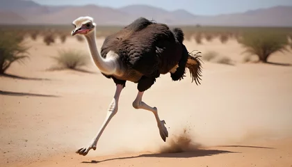 Foto auf Acrylglas An Ostrich Running At Full Speed Across The Desert Upscaled 2 © Tehreem