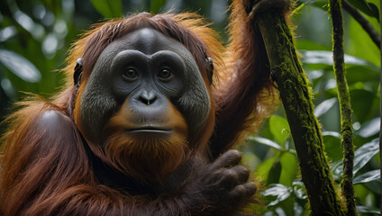Adorable Baby Orangutan Portrait in Jungle