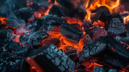 Foto auf Glas Coal fire, which focuses on the intricate textures and colors of burning coal © AlfaSmart
