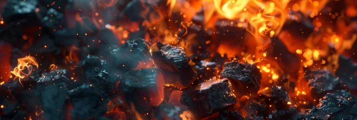 Photo sur Plexiglas Texture du bois de chauffage Coal fire, which focuses on the intricate textures and colors of burning coal