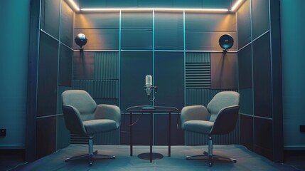Two modern chairs opposite each other. The microphone is located on a smooth table between the...