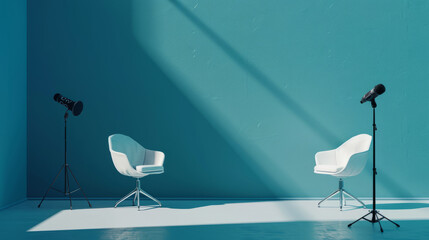 l Two chairs and microphones in a podcast or interview room isolated on a blue background as a wide banner for media discussion
