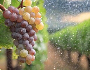 Ripe grapes in vineyard on summer rain. Generated with AI