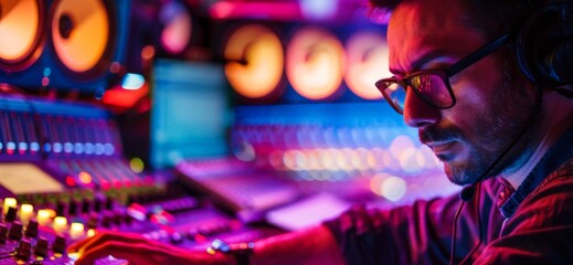 Fototapeta na wymiar Sound engineer working at the mixing console surrounded by neon lights