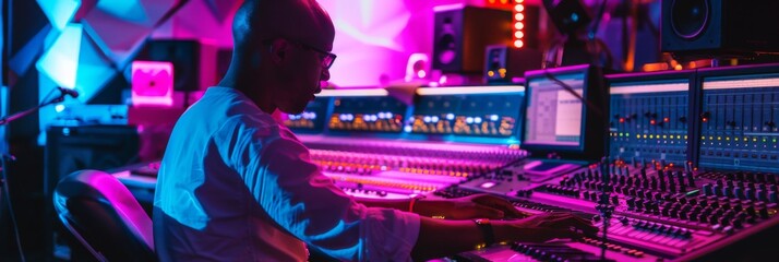 Sound engineer working at the mixing console surrounded by neon lights - obrazy, fototapety, plakaty
