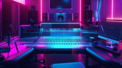 Obraz premium Modern mixing console in a recording studio with control panel illuminated in bright neon colors