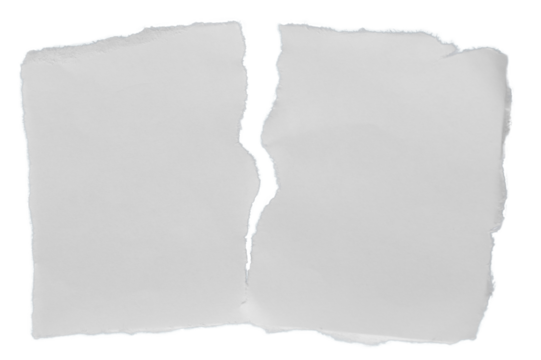 Ripped edge white paper torn into two halves. Photo of the paper on transparent background template for ripped backgrounds with empty space.