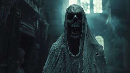 A skeleton ghost in tattered white robes looking at camera 8k cinematic