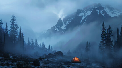 Camping in the mountains has thick fog and cold weather - obrazy, fototapety, plakaty