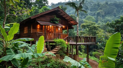 Wooden lodge on a hill in a tropical rainforest in the countryside