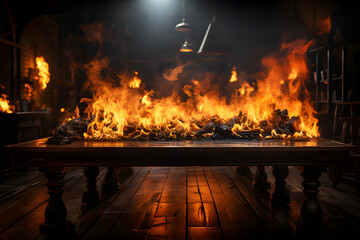 Wooden table with fire burning on table in brown room, fire particles, sparks, and smoke in air, with fire flames on dark background to display products.  Background Abstract Texture.