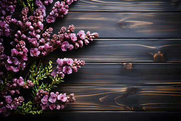 Purple Lavender with green leaves on dark brown planks wooden is background. Realistic flower clipart template pattern. Background Abstract Texture.