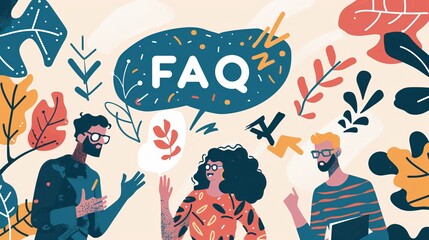 a photo with  people discuss, the text "FAQ" floating in the air, in the style of modernist illustrations 