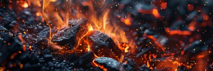 Wandaufkleber Coal fire, which focuses on the intricate textures and colors of burning coal © AlfaSmart