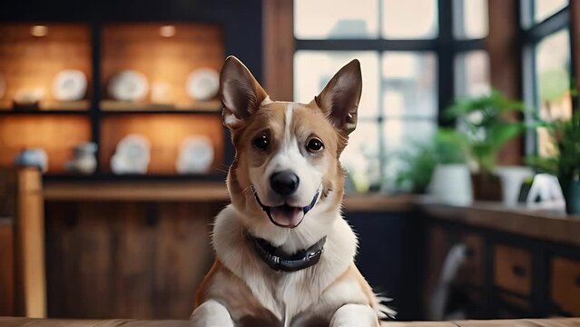 Dog sits on a table in a coffee shop. The camera slowly moves closer.