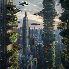 Obraz premium Autonomous flying cars zipping through a futuristic Manhattan