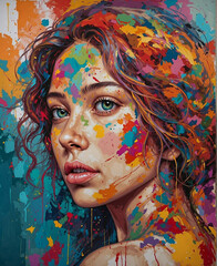 Beautiful woman, vibrant colors and colorful paint splashes.