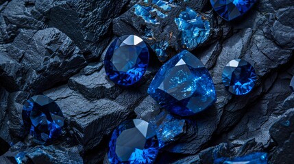 blue sapphire on black coal background. the dark blue gemstone jewelry cut with dark stone background. - obrazy, fototapety, plakaty