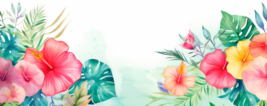 Detailed festive tropical frame watercolor painting featuring vibrant flowers in various shapes, colors, set against clean white background. Each flower is delicately rendered soft. Banner. Copy space