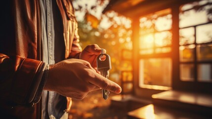Close up photo of a real estate agent holding keys and a house keychain in hand, with a blurred background showing a home interior. Holding the keys and apartment key. contract, buying home - obrazy, fototapety, plakaty
